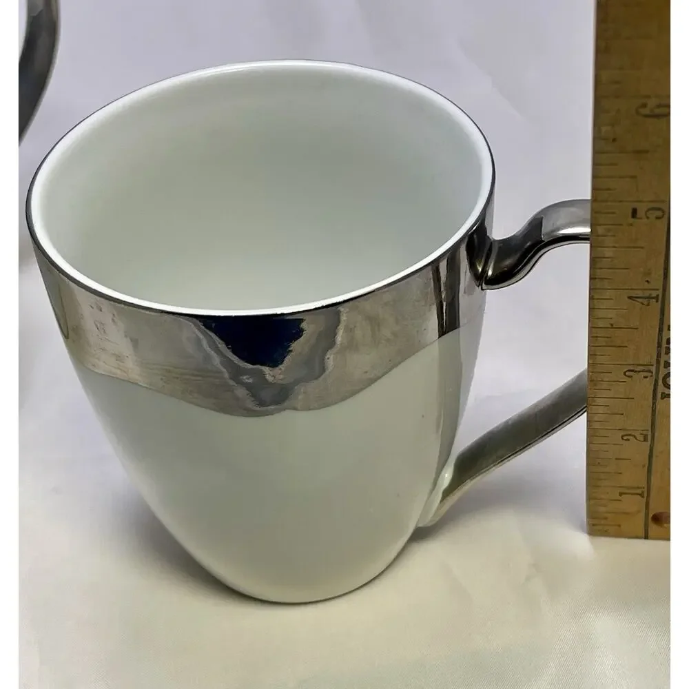Nicole Miller White Porcelain Silver Metallic Coffee Tea Mugs X2